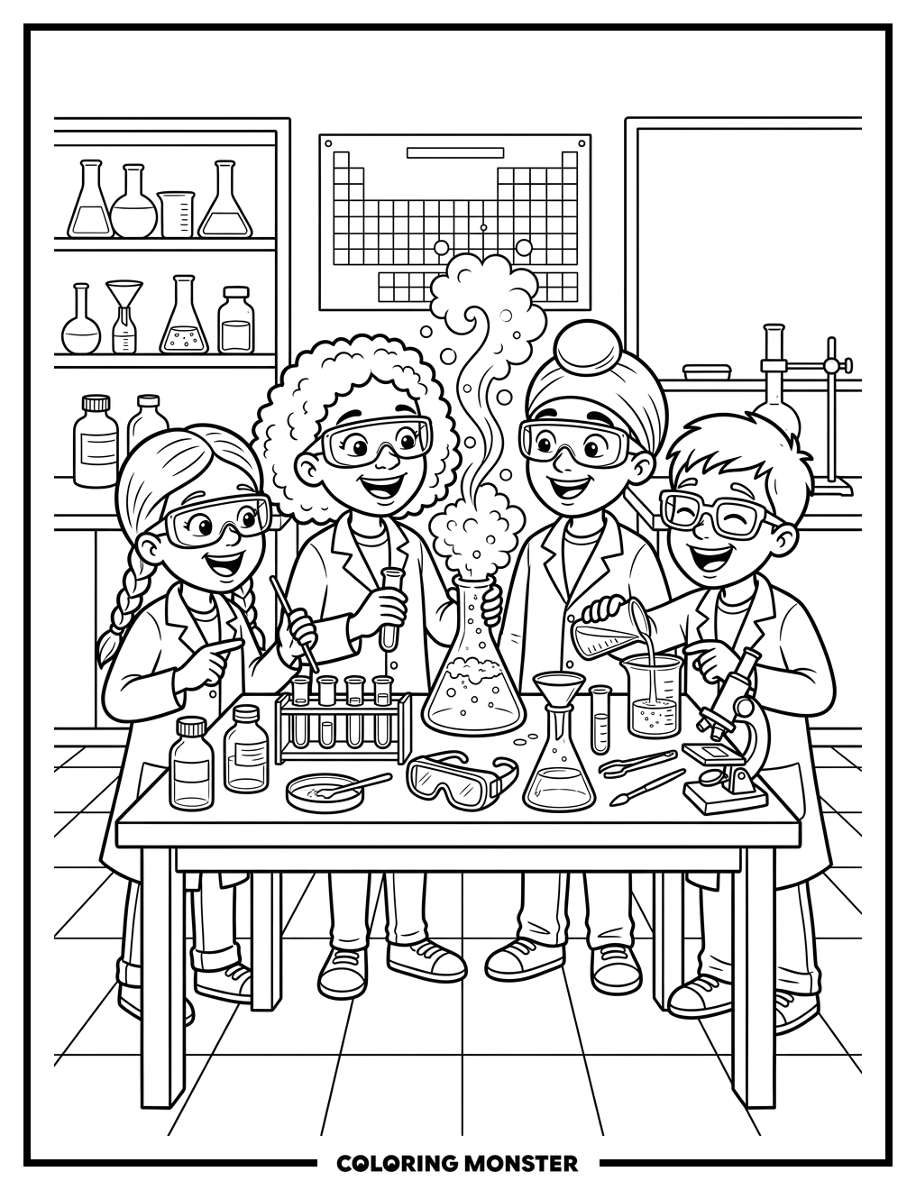 Children Conduct A Science Experiment Coloring Page