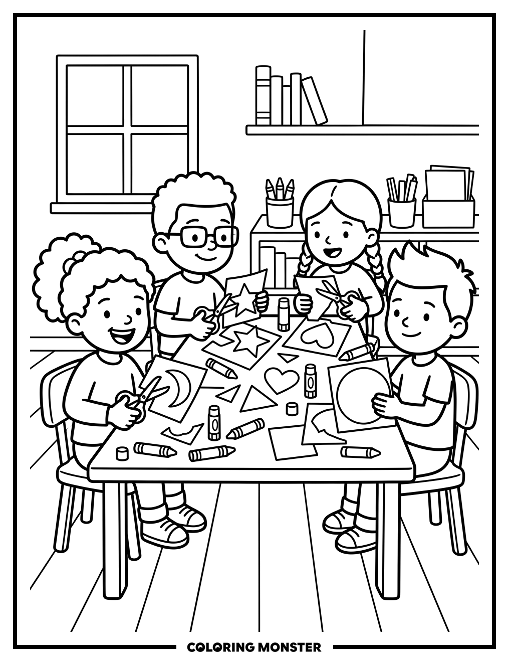 Children Crafting Together At A Table Coloring Page