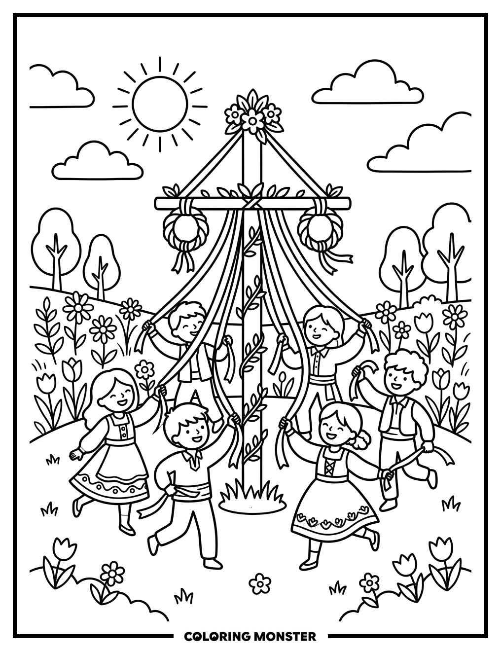 Children Dancing Around a Maypole Coloring Page