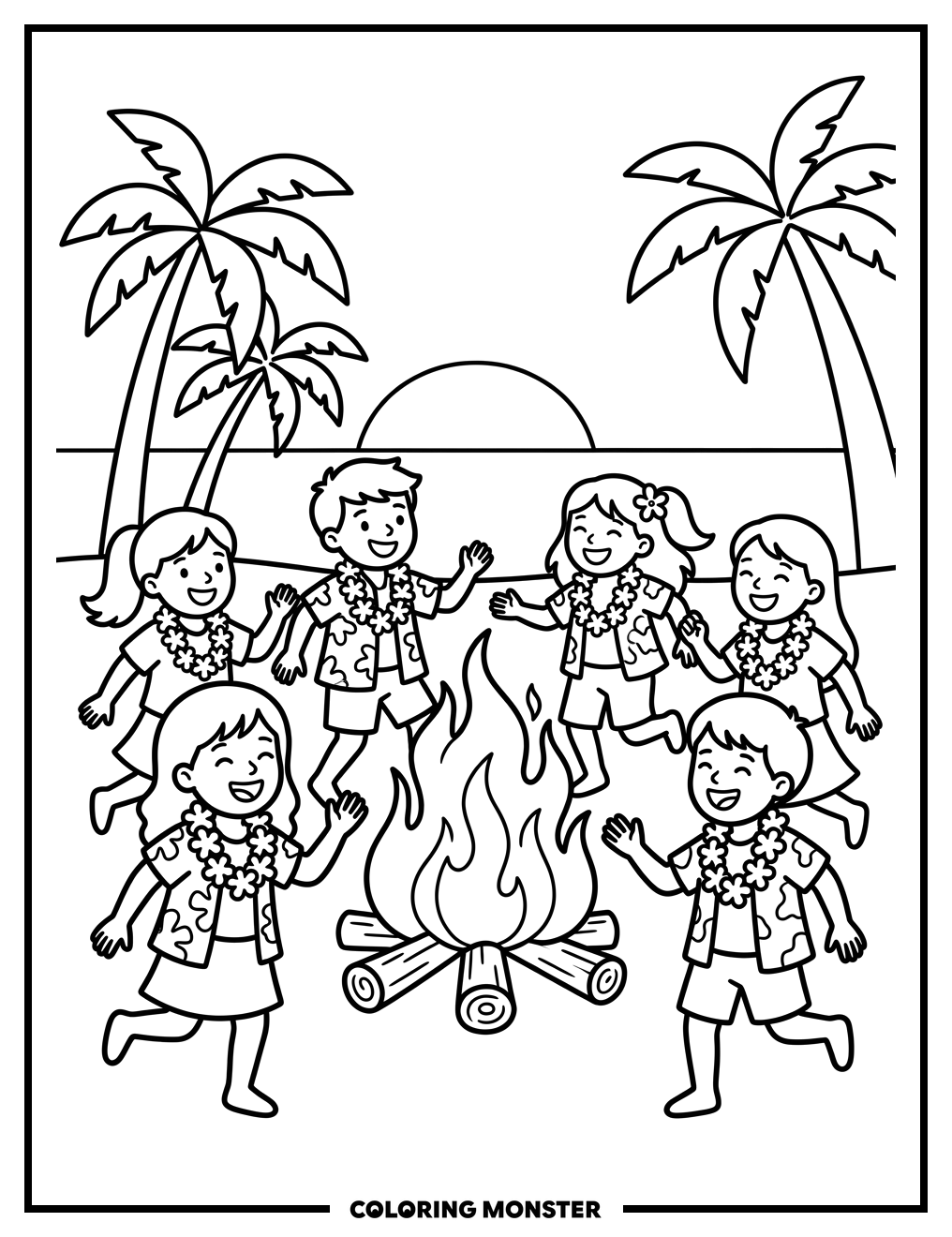 Children Dancing Around Beach Bonfire Coloring Page