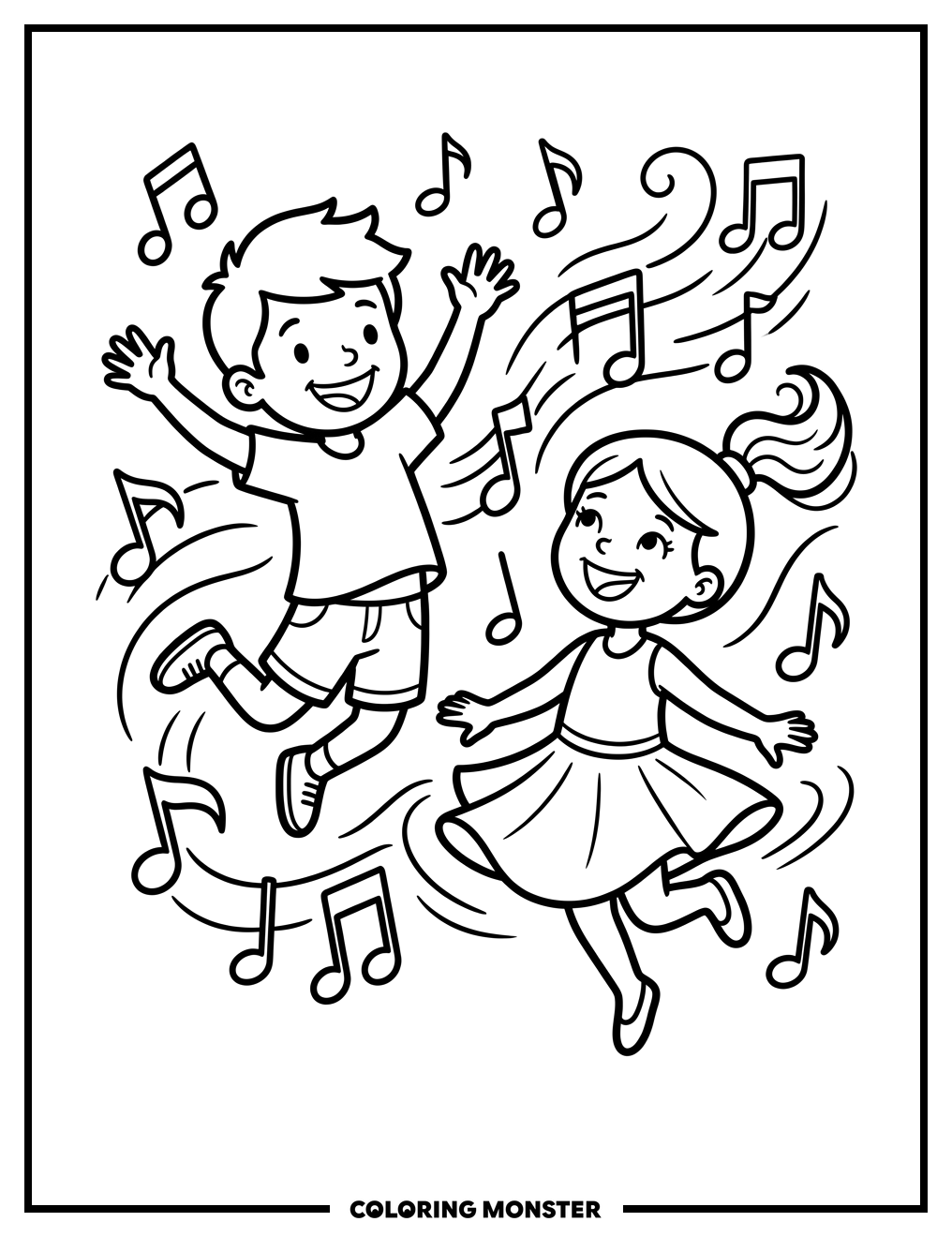 Children Dancing with Musical Notes Coloring Page
