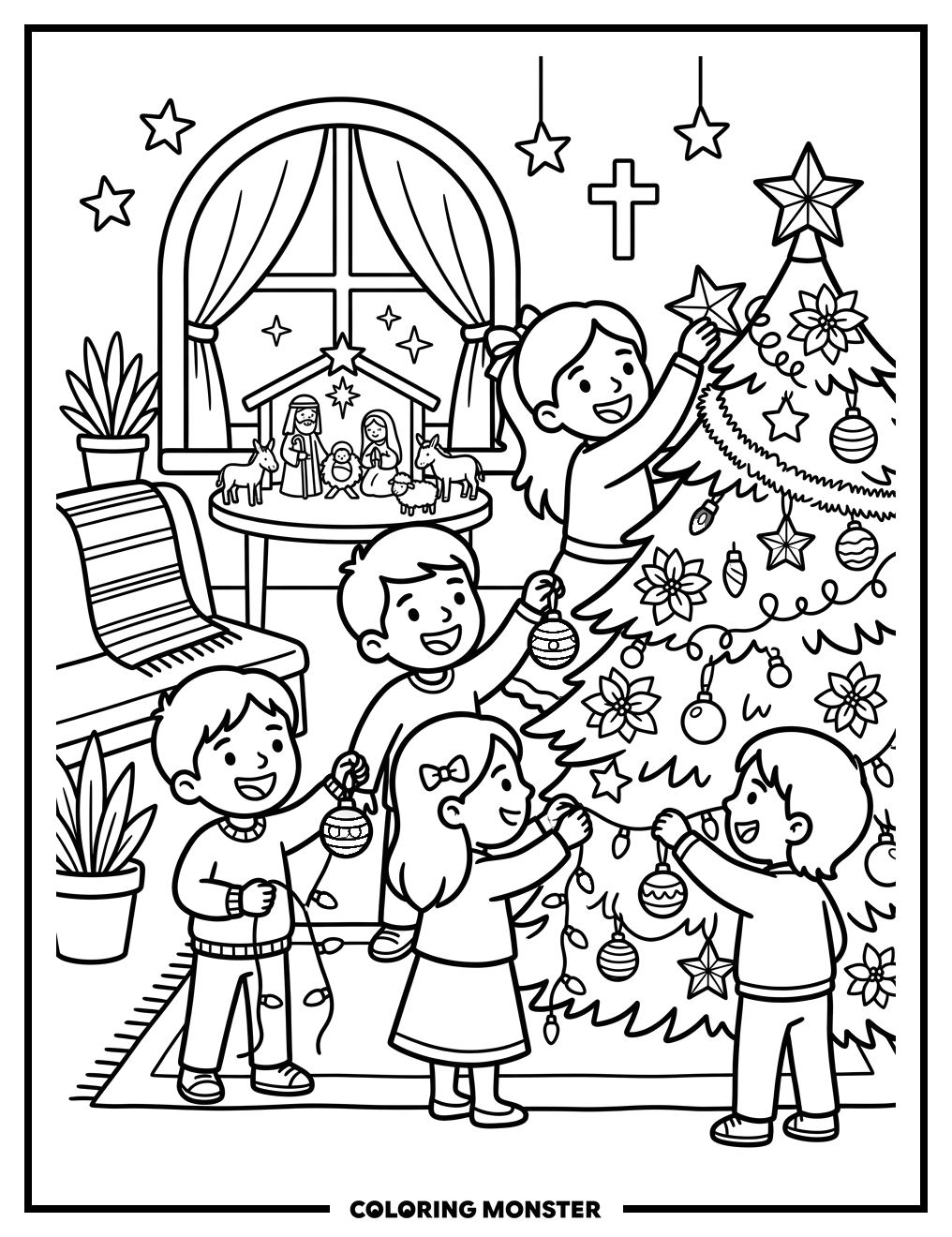 Children Decorating Christmas Tree Coloring Page
