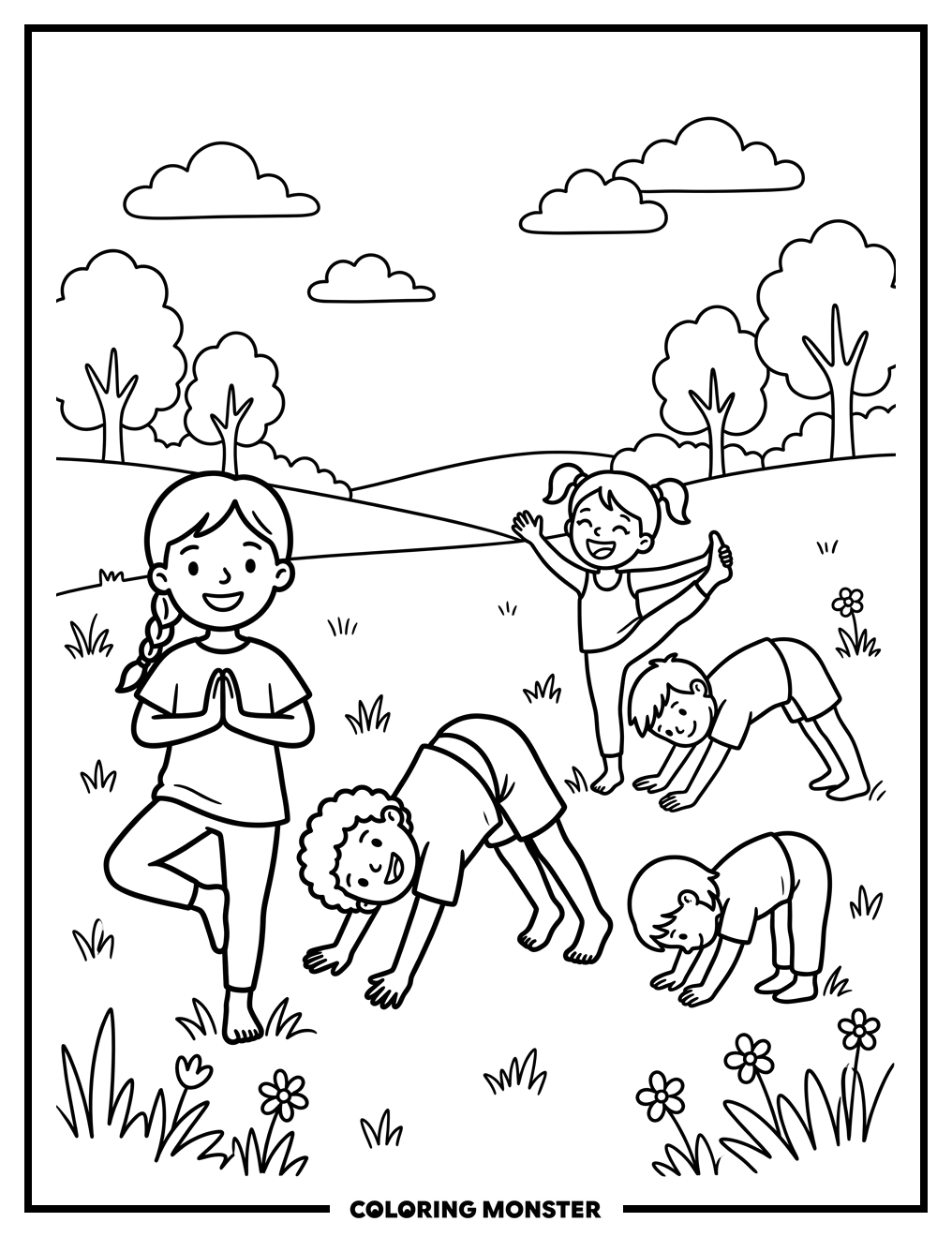 Children Doing Yoga in Meadow Coloring Page
