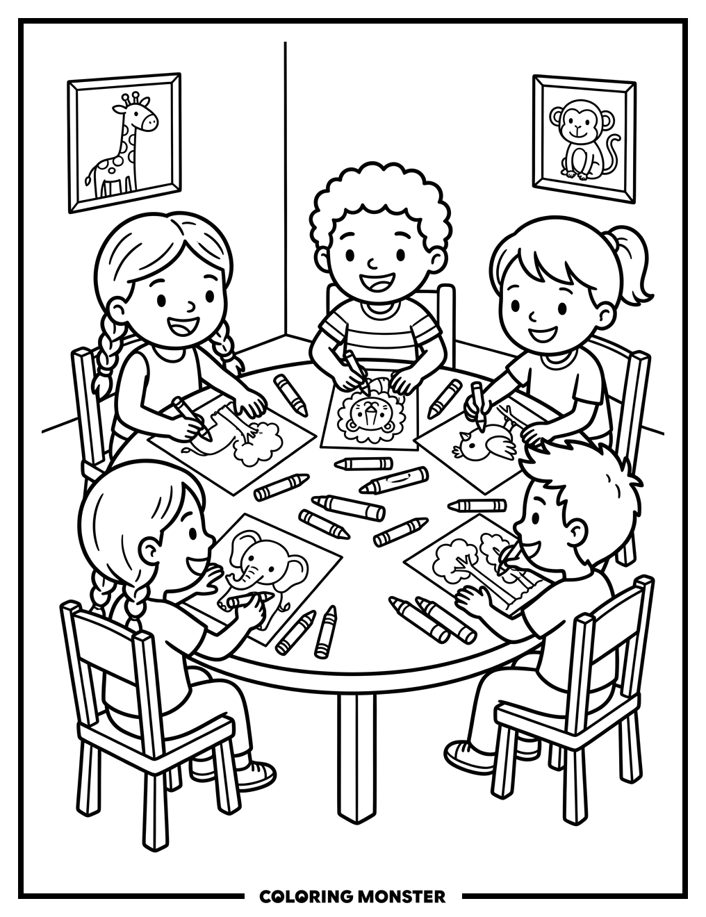 Children Drawing Animals Together Coloring Page