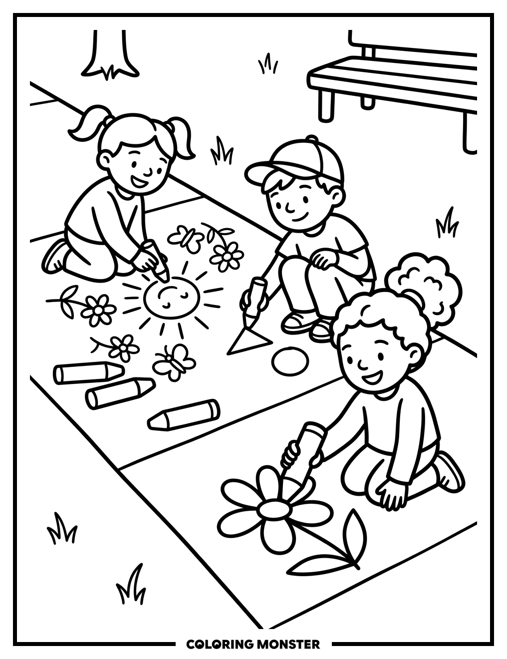 Children Drawing on Sidewalk Coloring Page