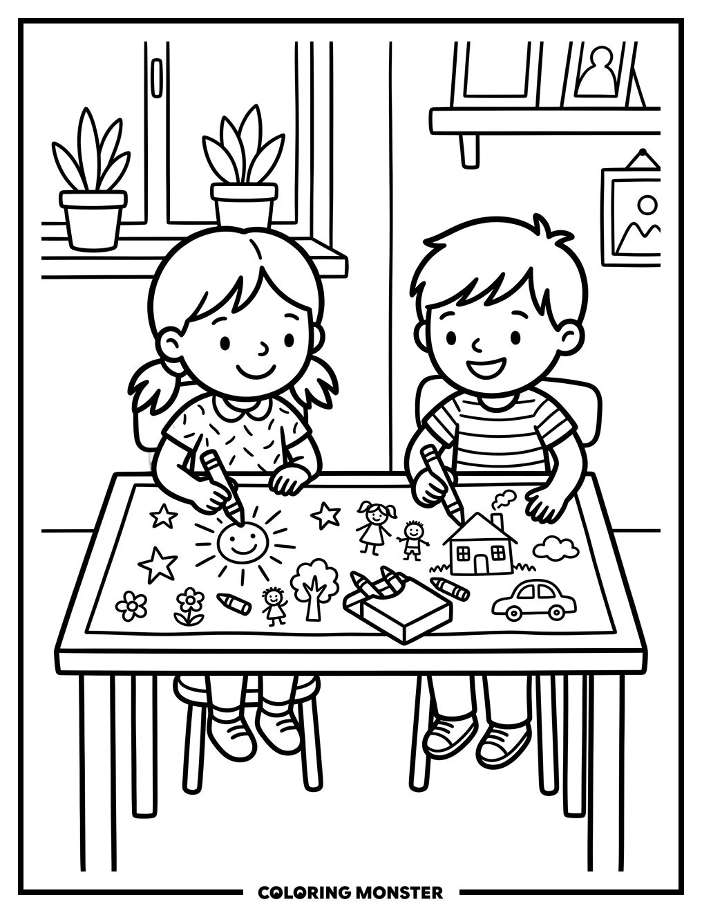 Children Drawing Together Coloring Page