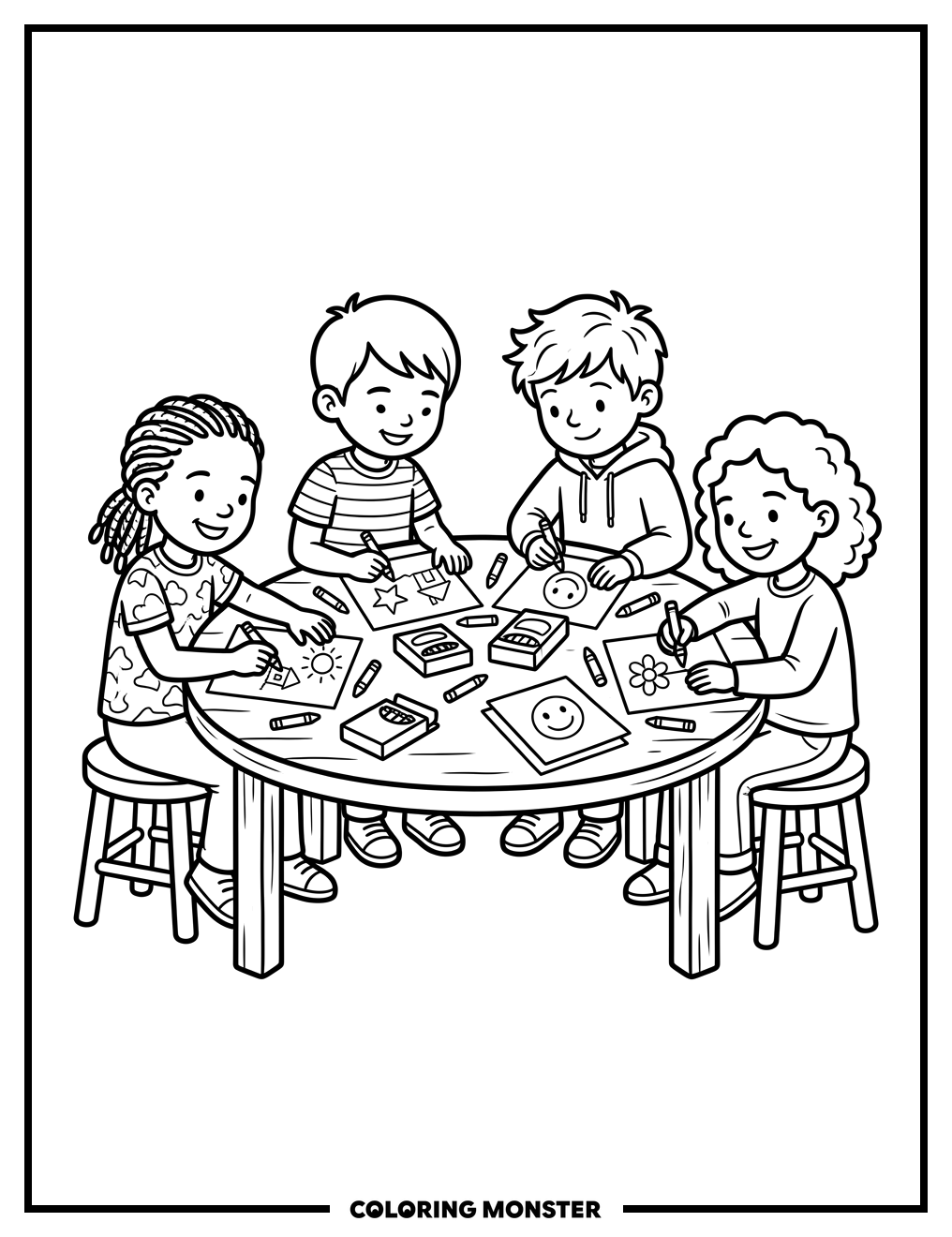 Children Drawing Together Coloring Page