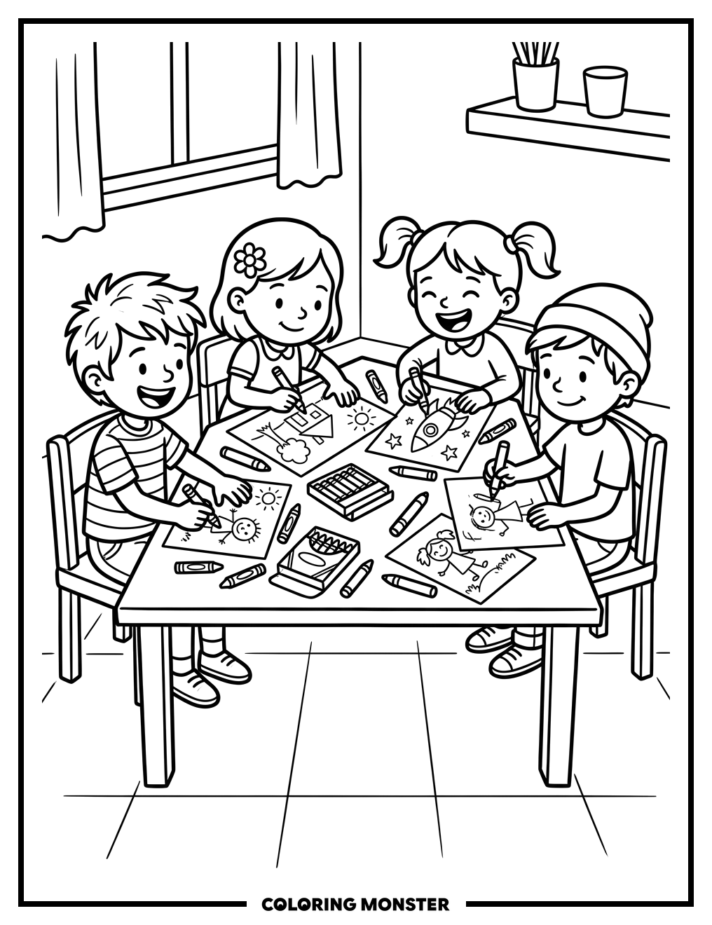 Children Drawing Together At A Table Coloring Page