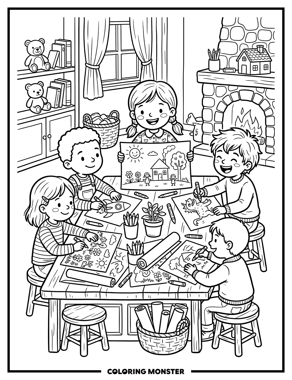 Children Drawing Together At A Table Coloring Page