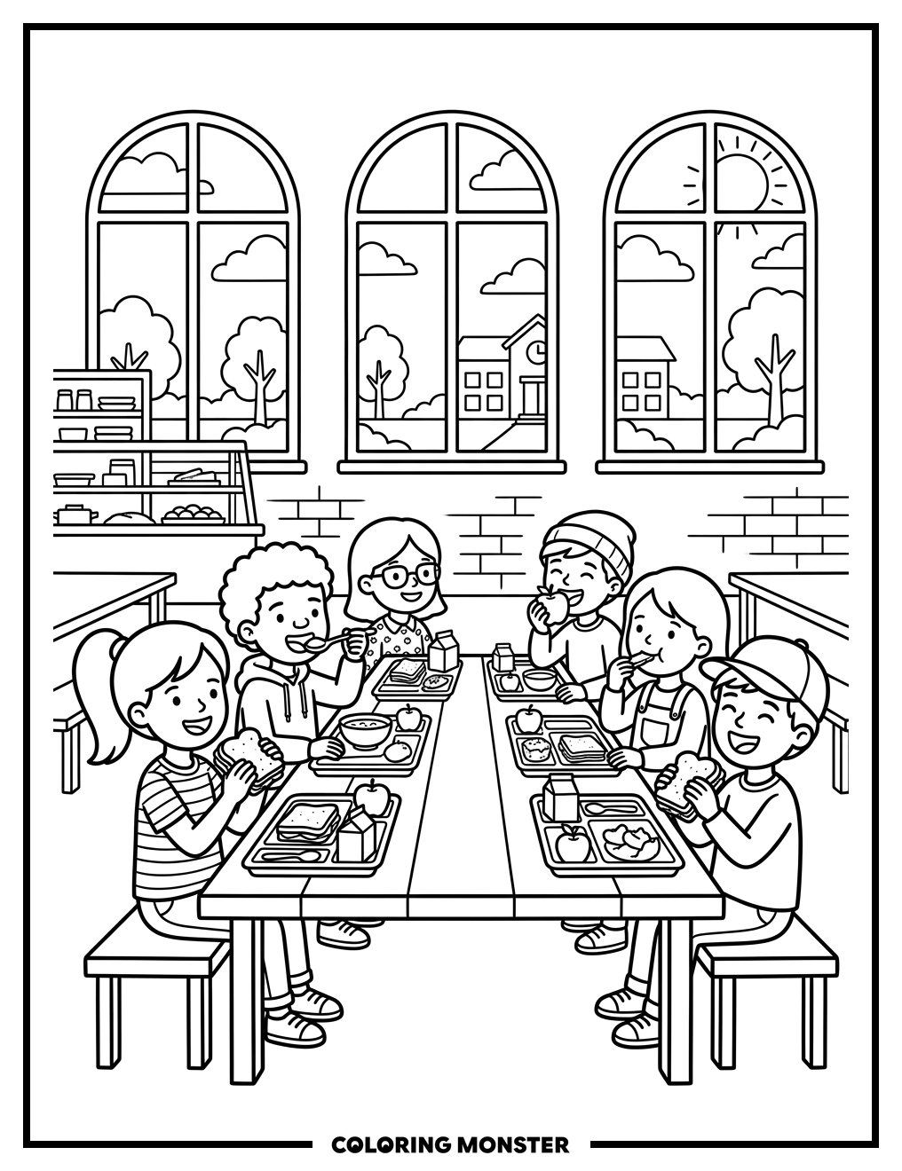 Children Eating Lunch in Cafeteria Coloring Page