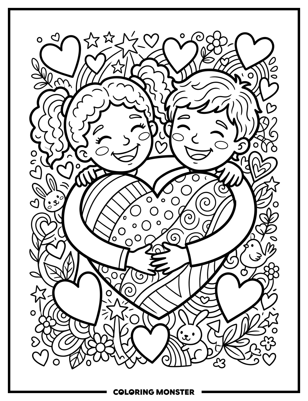 Children Embrace Friendship Heart Coloring Page