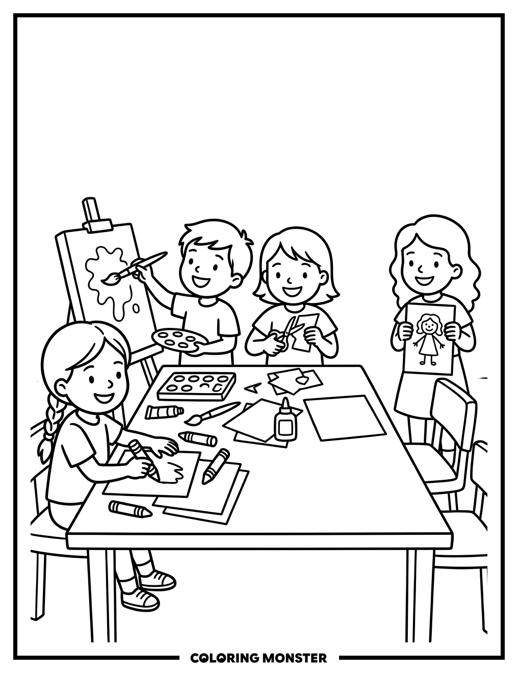 Children Enjoying Art Activities Coloring Page