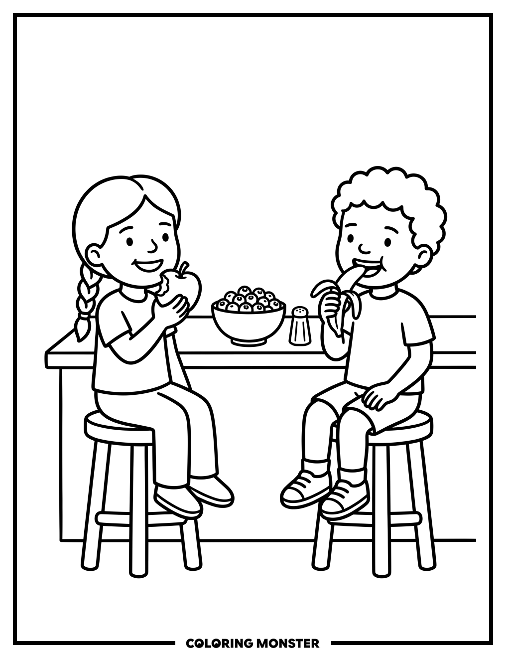 Children Enjoying Fruit at Kitchen Counter Coloring Page