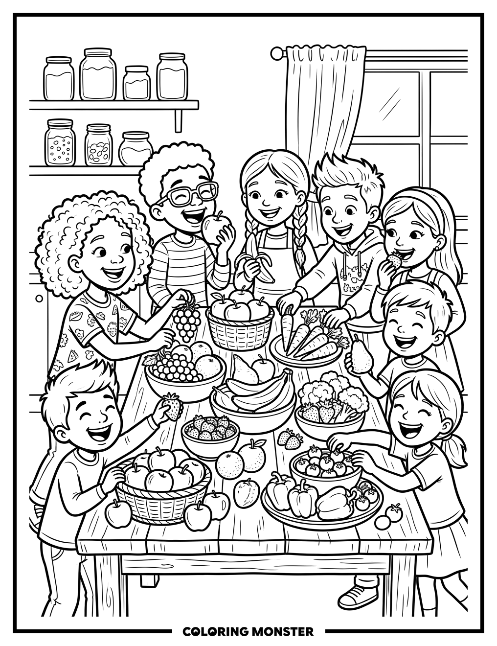 Children Enjoying Healthy Snacks Together Coloring Page