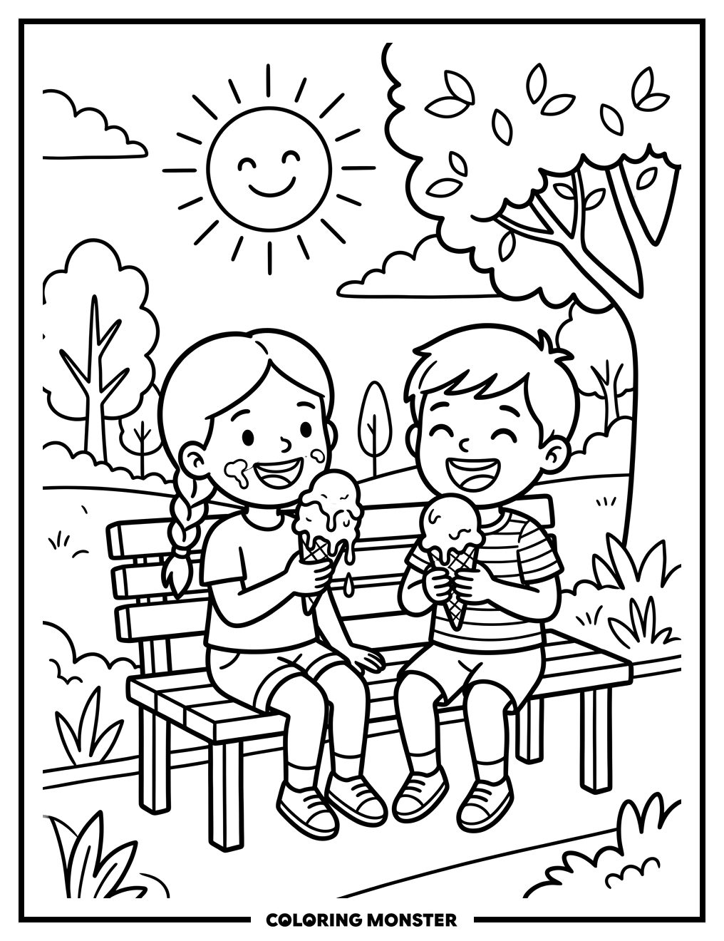 Children Enjoying Ice Cream Cones Coloring Page