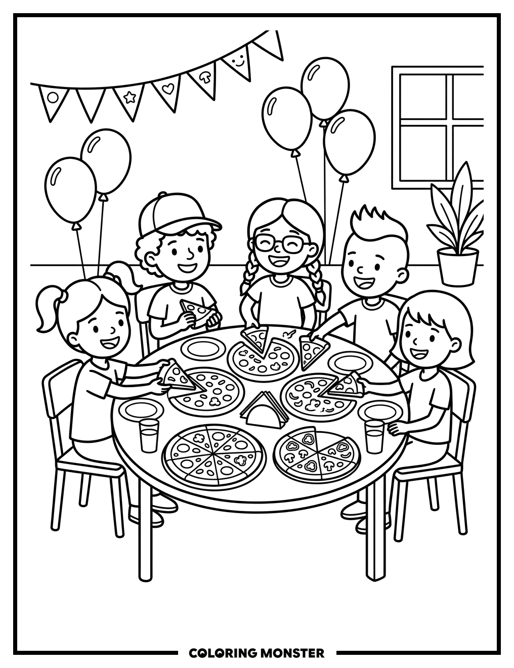 Children Enjoying Pizza Party Coloring Page