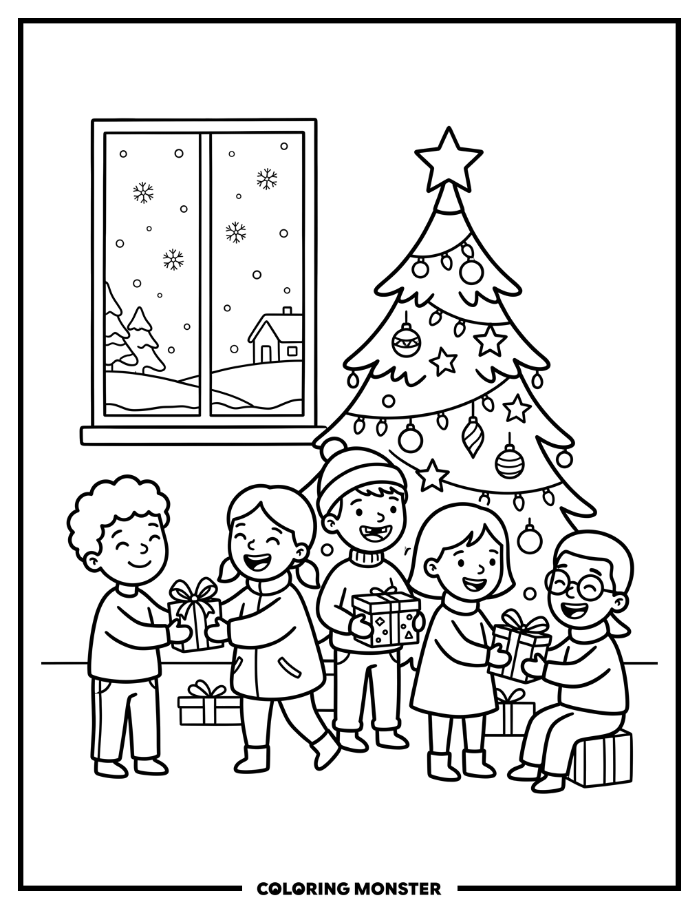 Children Exchanging Christmas Gifts Coloring Page