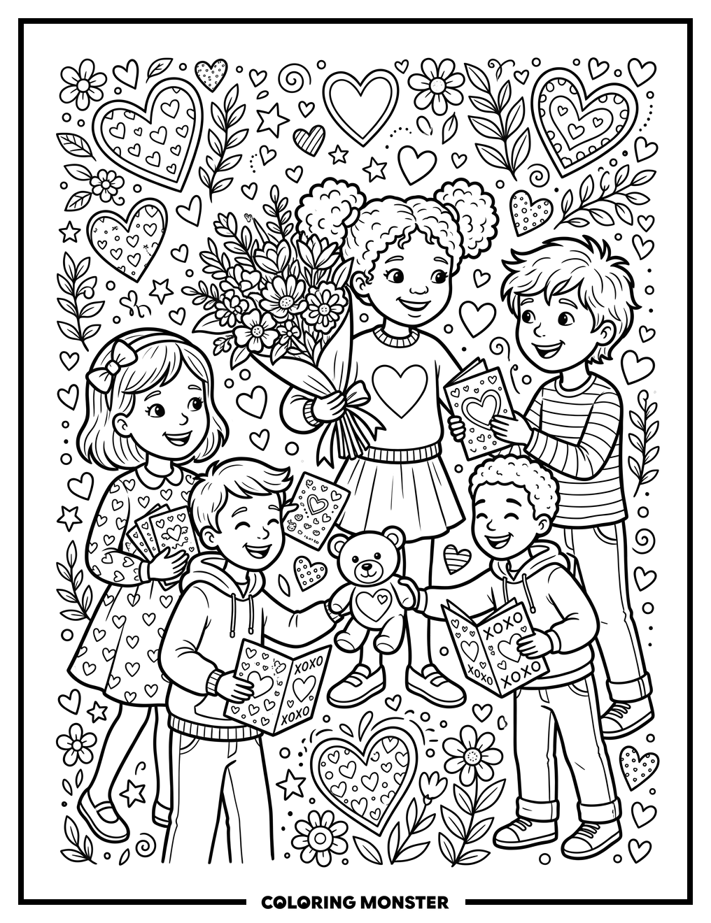 Children Exchanging Valentine Cards and Gifts Coloring Page