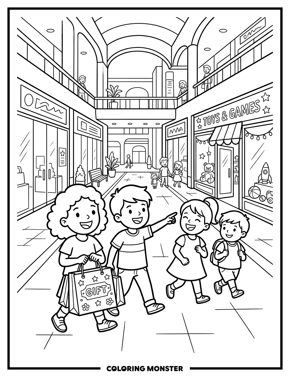 Children Explore A Busy Shopping Mall Coloring Page