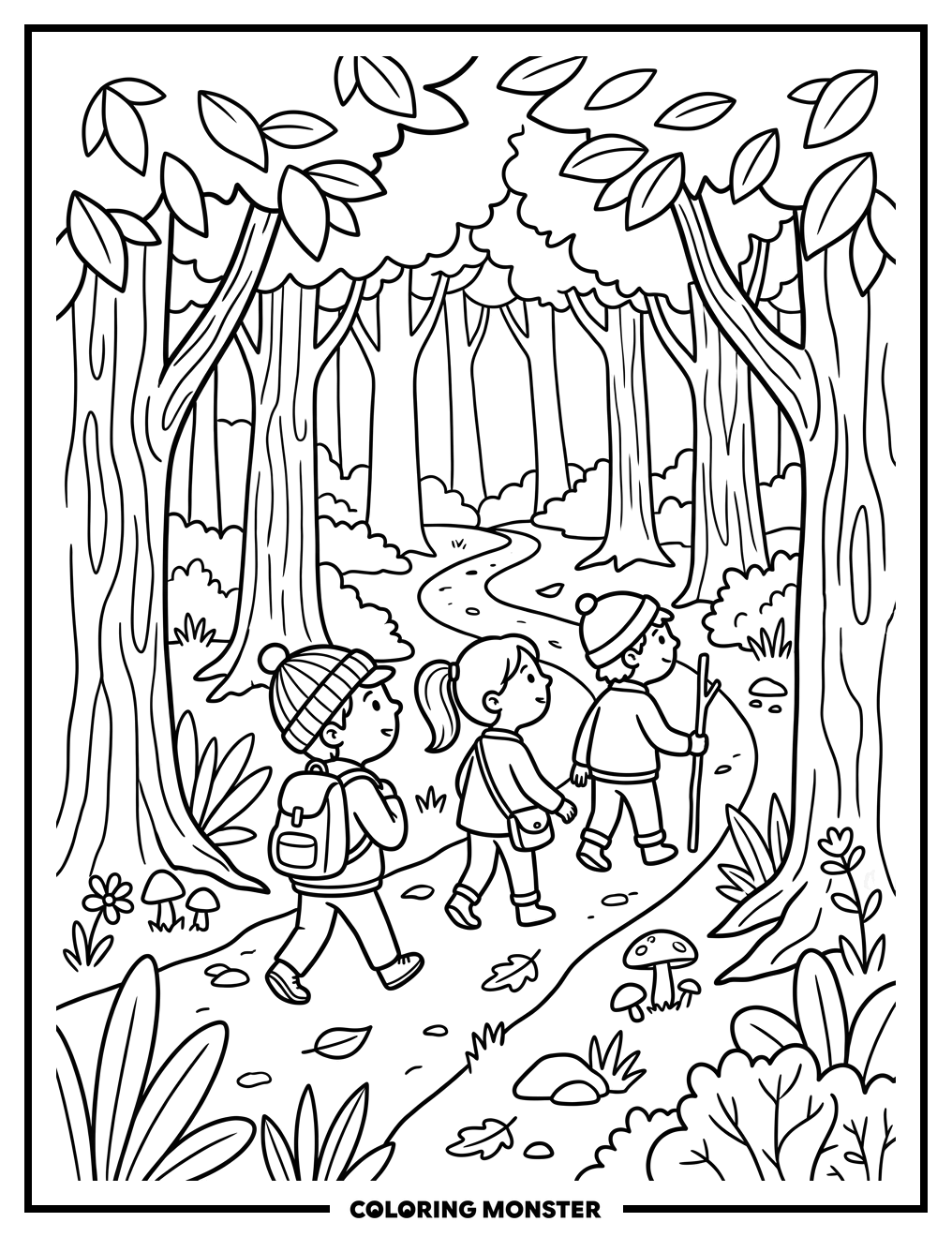 Children Exploring a Forest Path Coloring Page