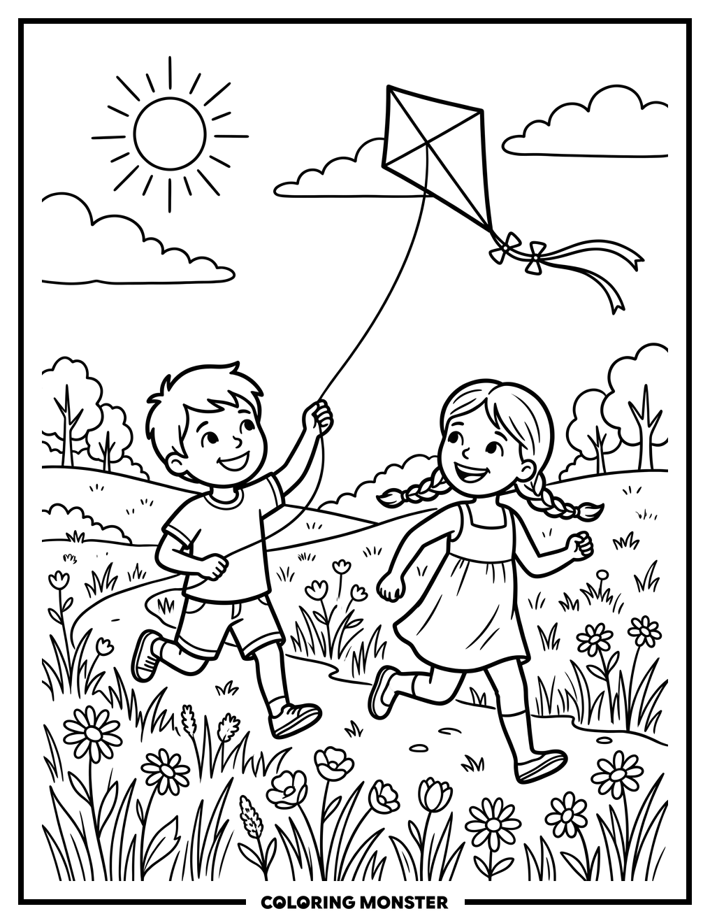 Children Flying A Kite In A Meadow Coloring Page