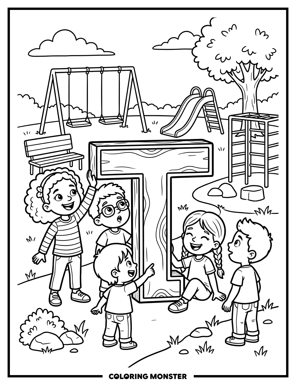 Children Gather Around Big Letter T Coloring Page