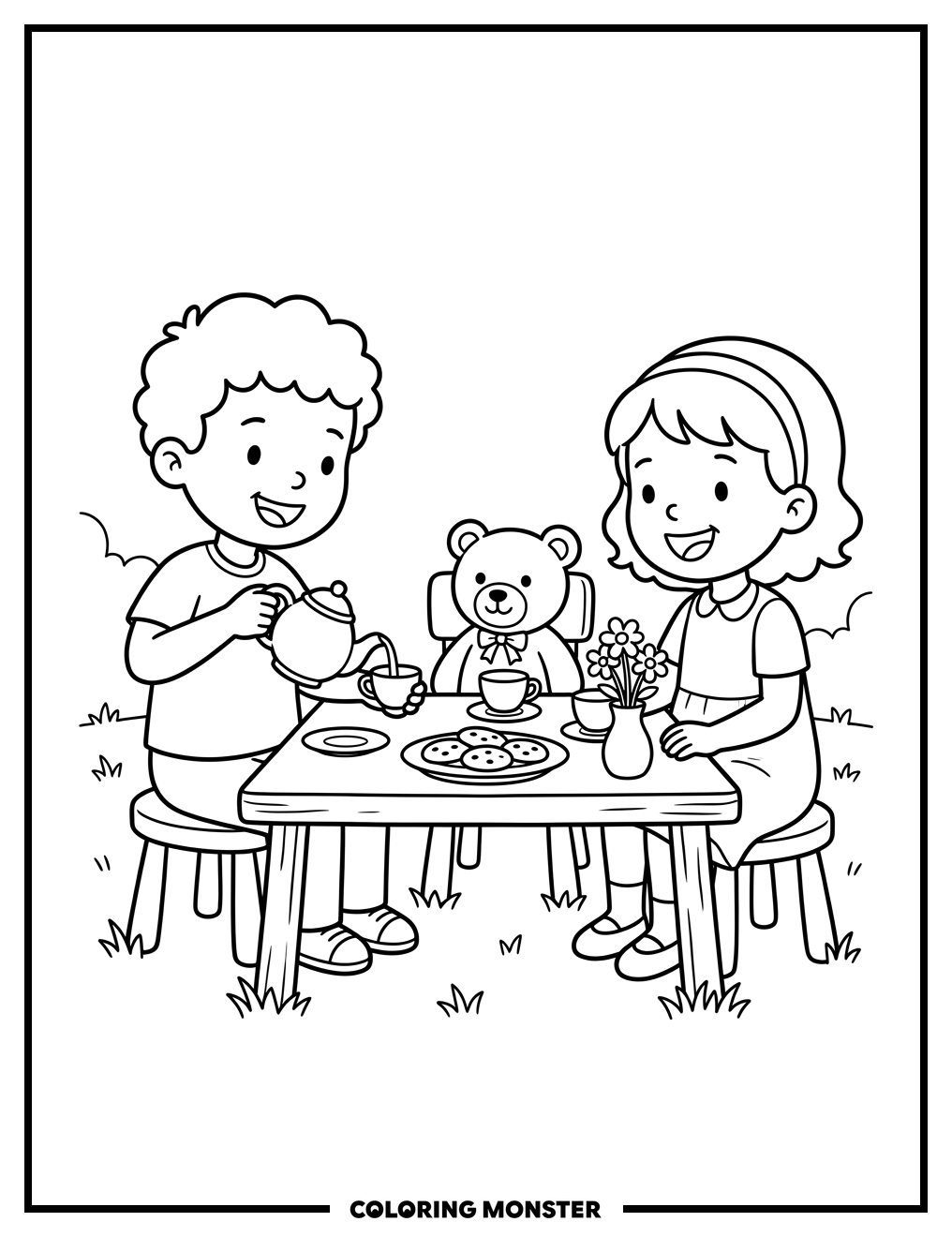 Children Having a Teddy Bear Tea Party Coloring Page