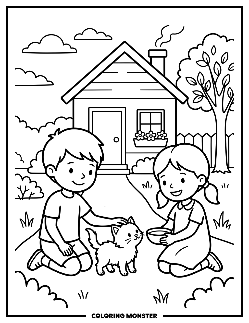 Children Help Lost Kitten Find Home Coloring Page