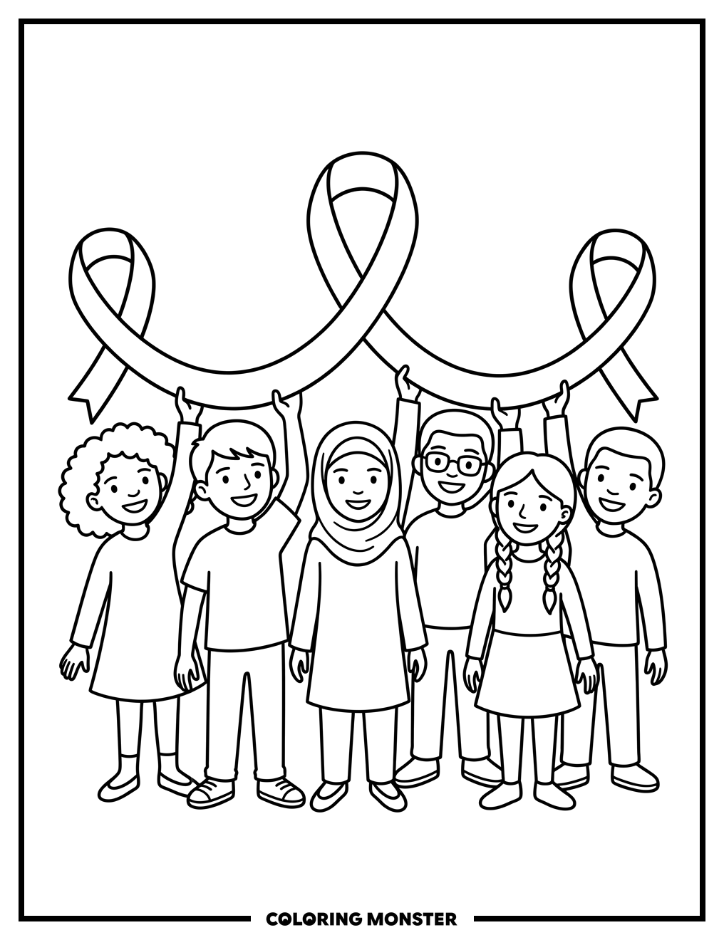 Children Hold Awareness Ribbon Coloring Page