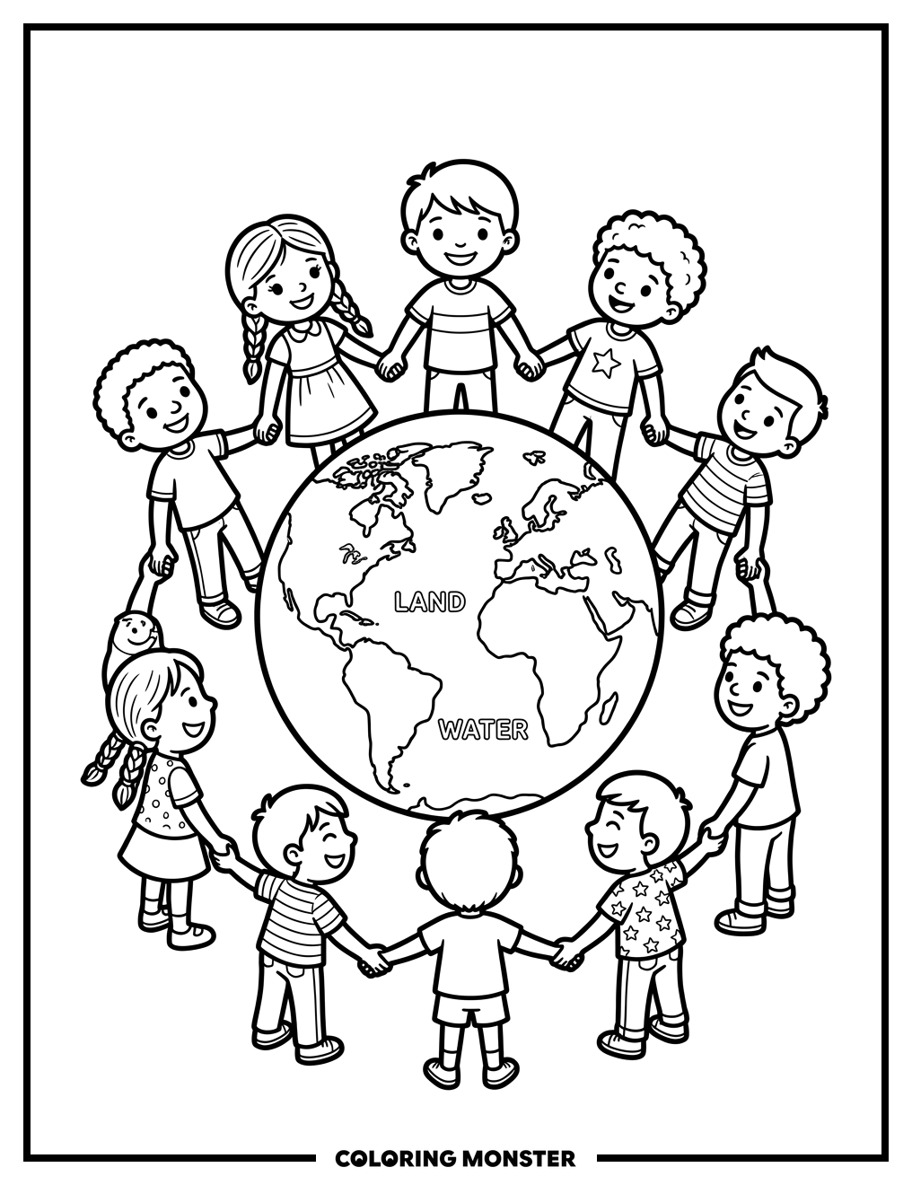 Children Hold Hands Around Planet Earth Coloring Page