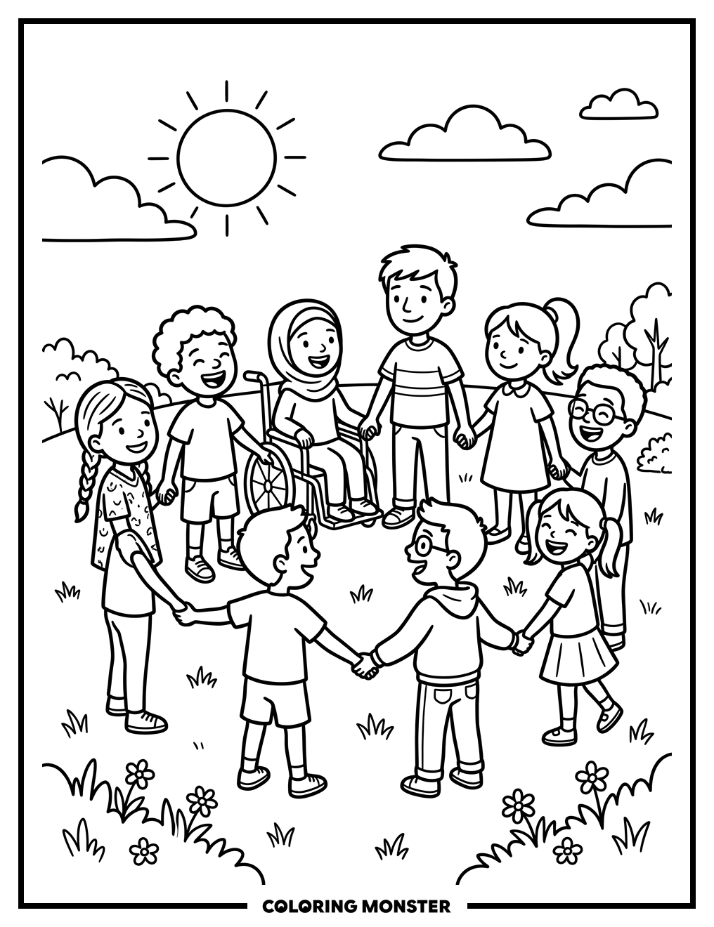 Children Holding Hands in a Circle Coloring Page