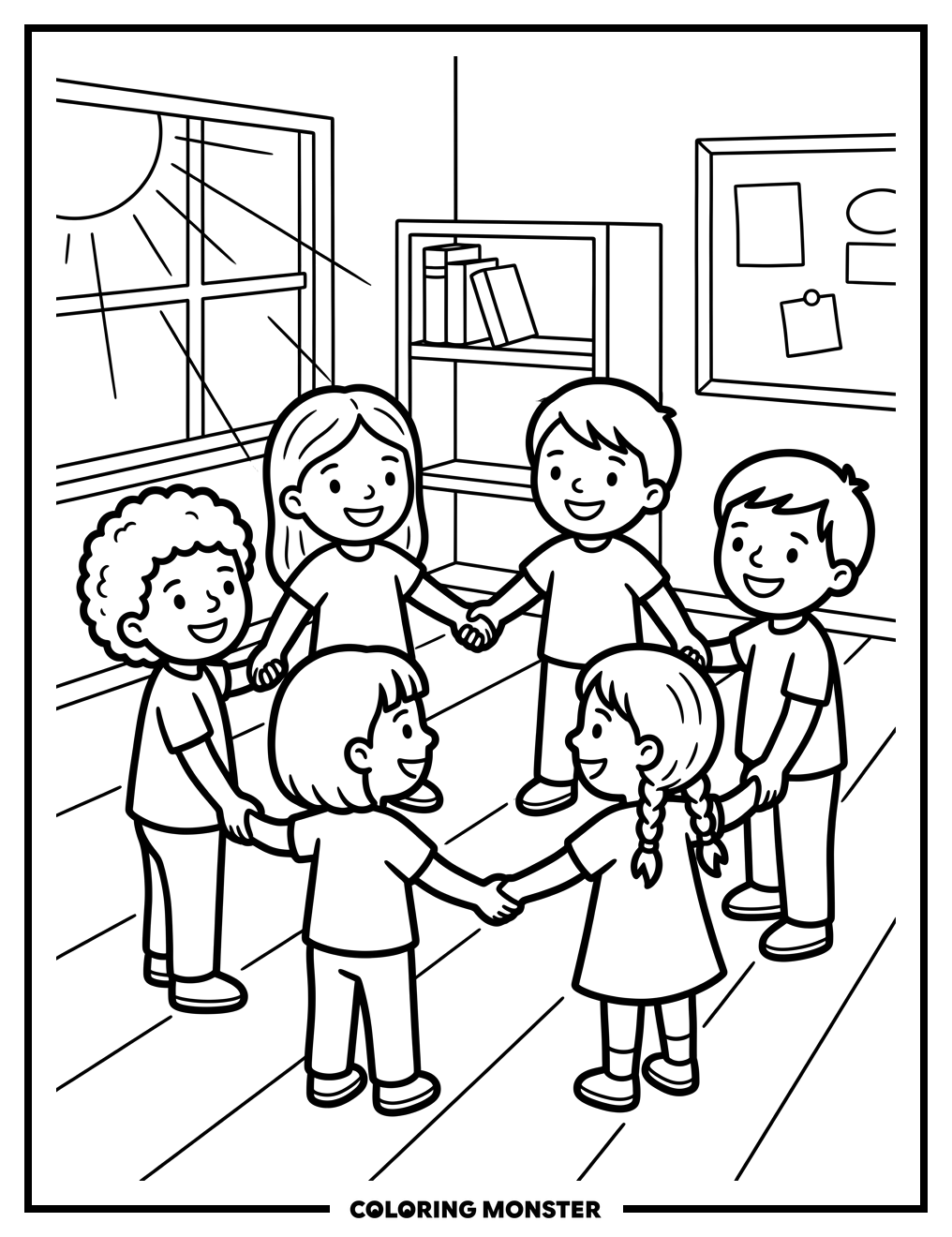 Children Holding Hands in Circle Coloring Page