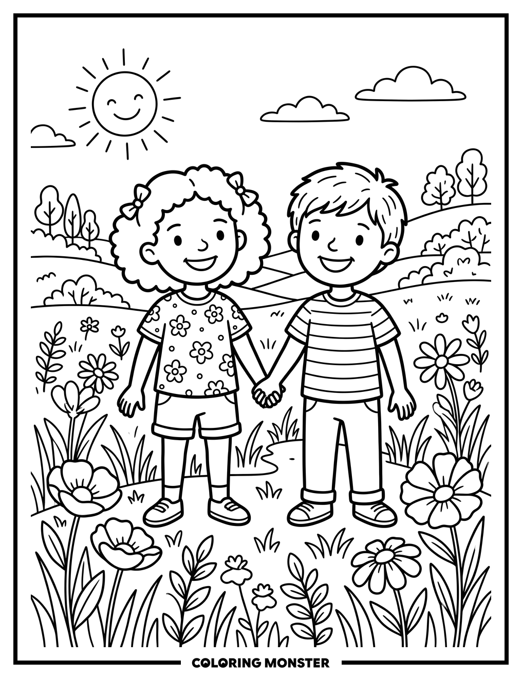 Children Holding Hands in Meadow Coloring Page