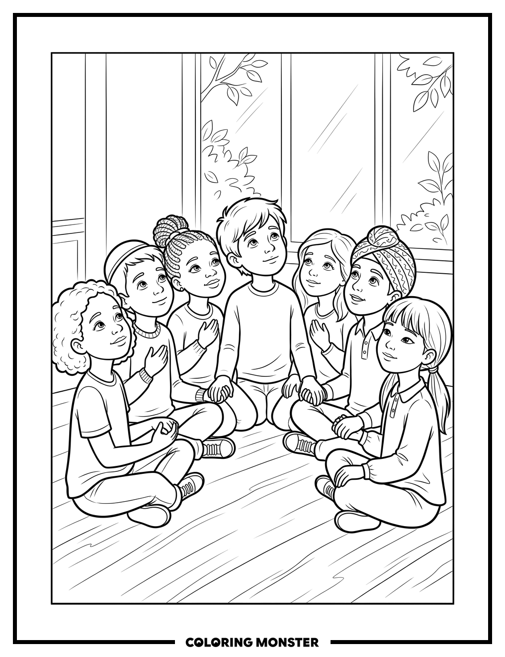 Children Holding Hands in Prayer Coloring Page