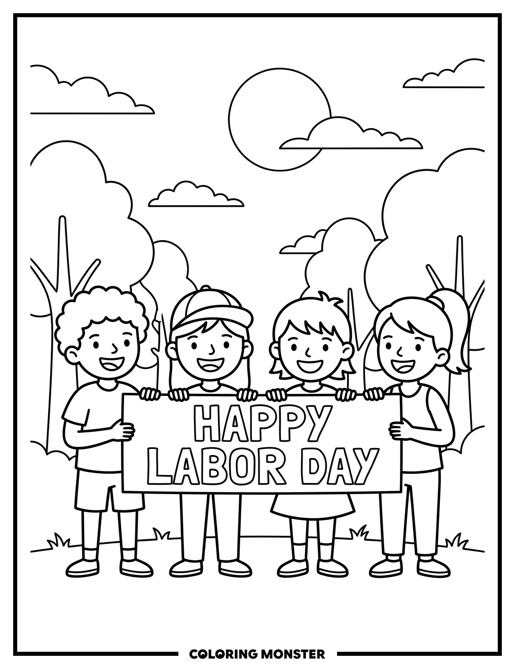 Children Holding Happy Labor Day Banner Coloring Page