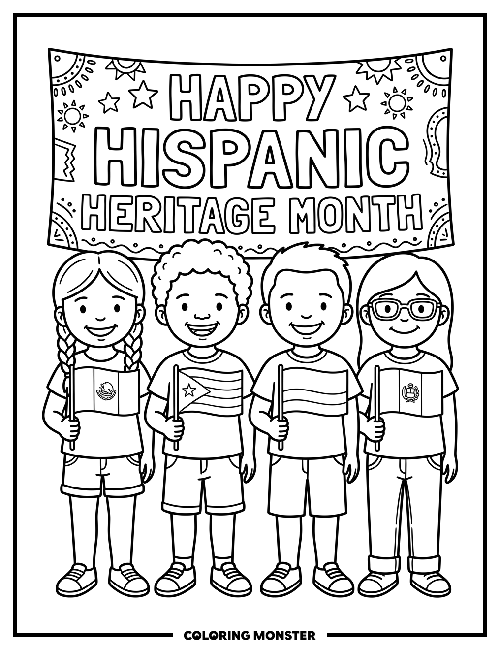 Children Holding Hispanic Flags Coloring Page