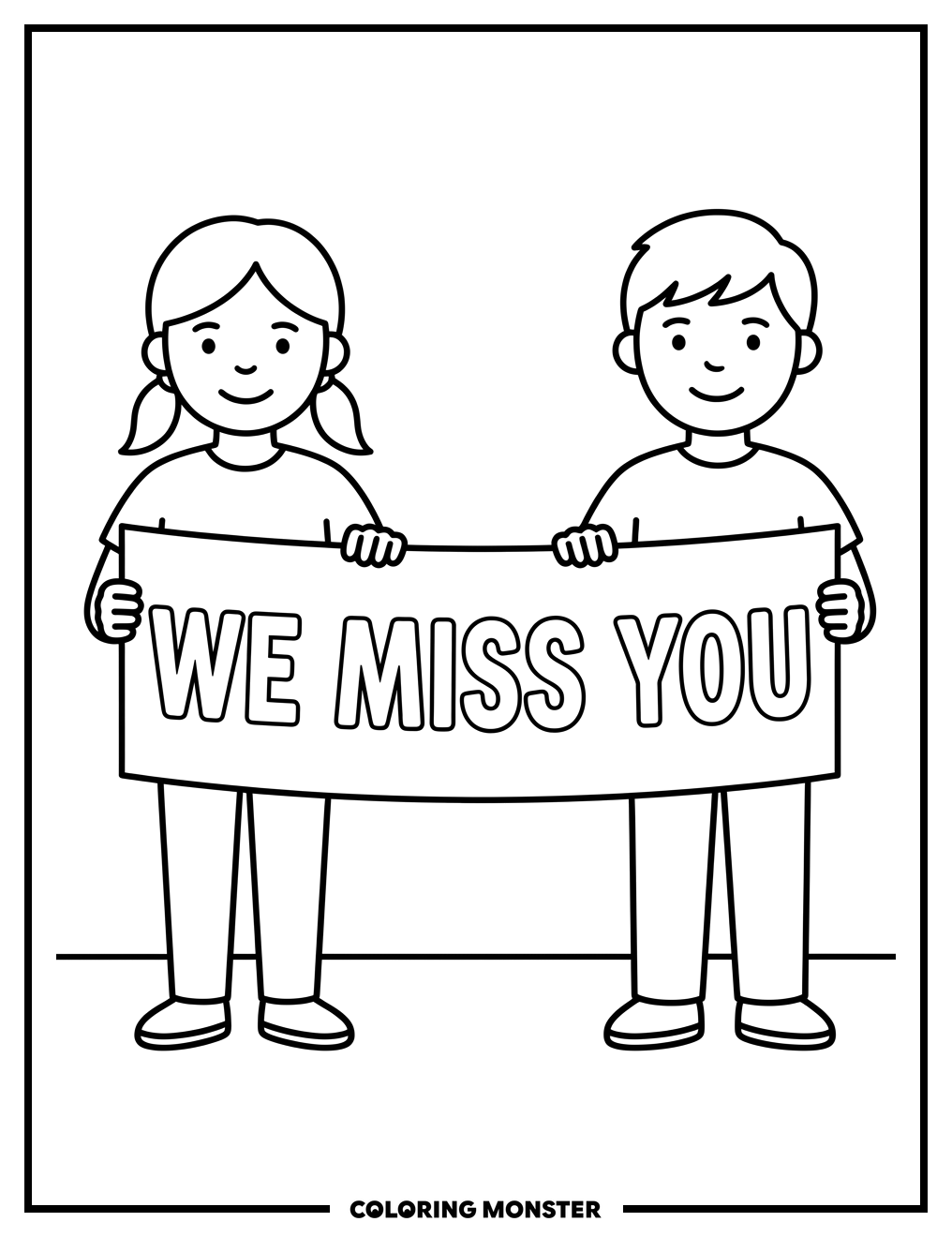Children Holding 'We Miss You' Banner Coloring Page