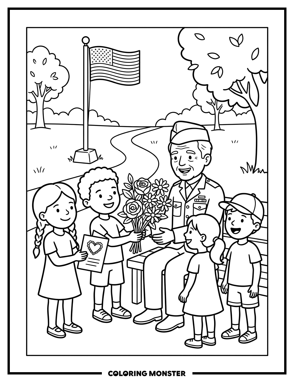 Children Honor Veteran With Flowers Coloring Page