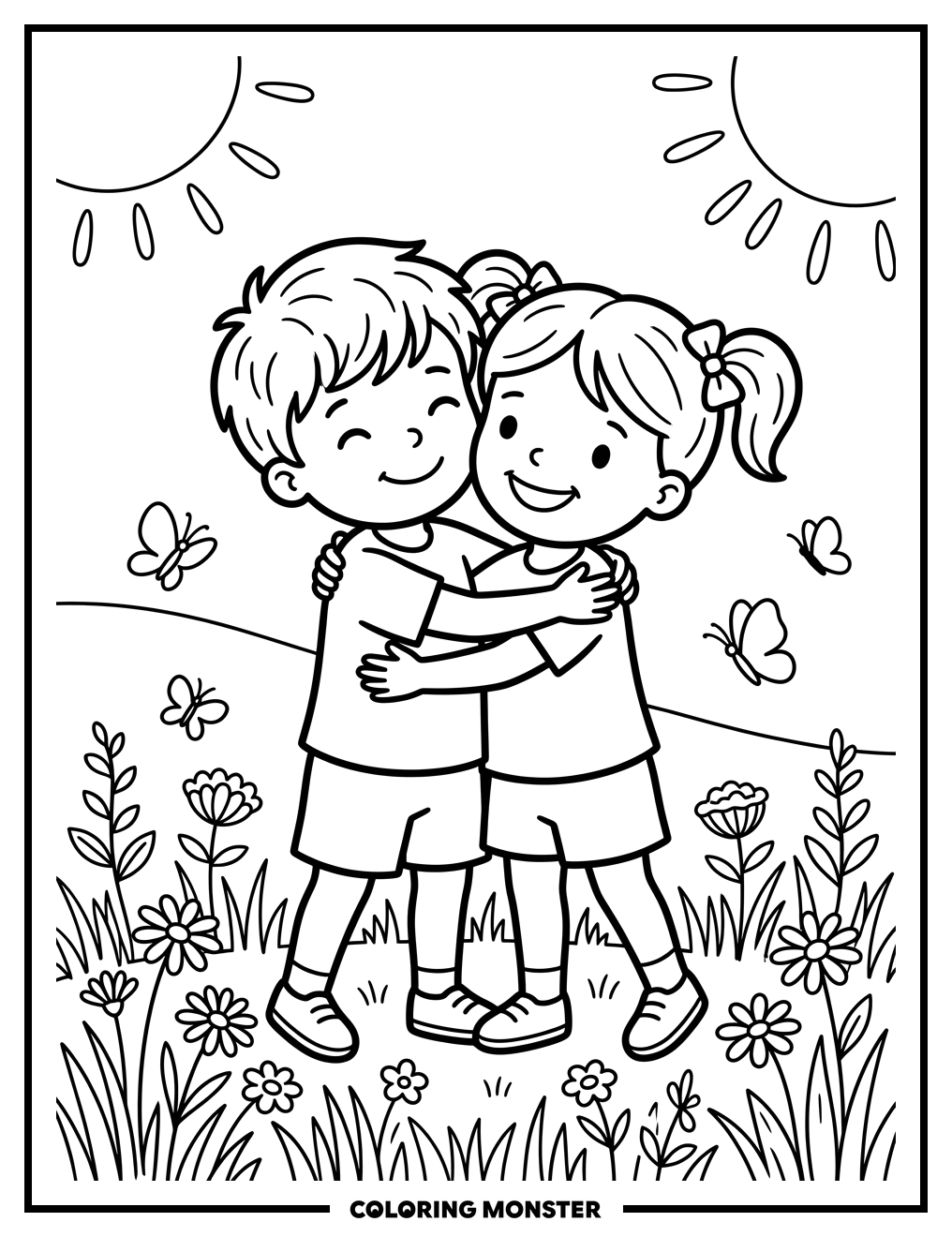 Children Hugging in Wildflower Meadow Coloring Page