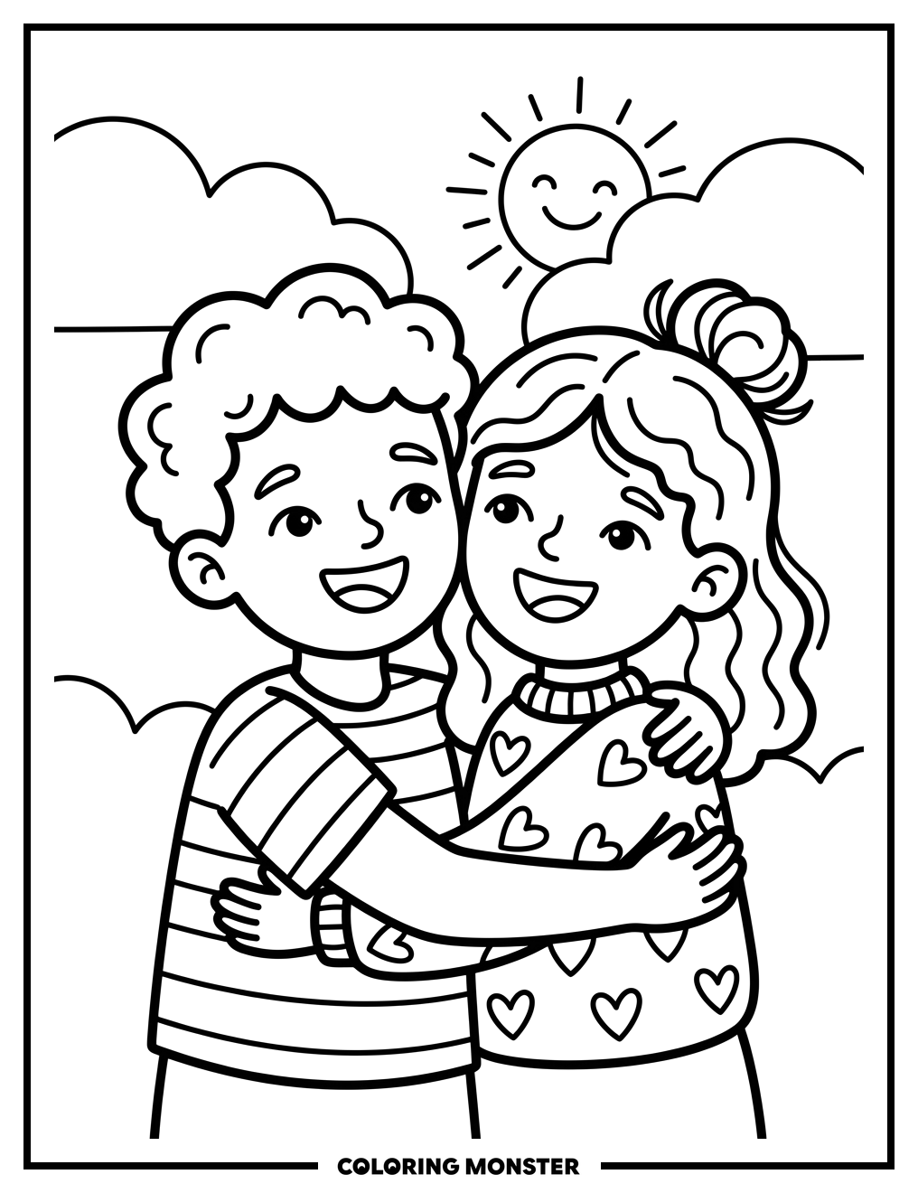 Children Hugging Joyfully Coloring Page