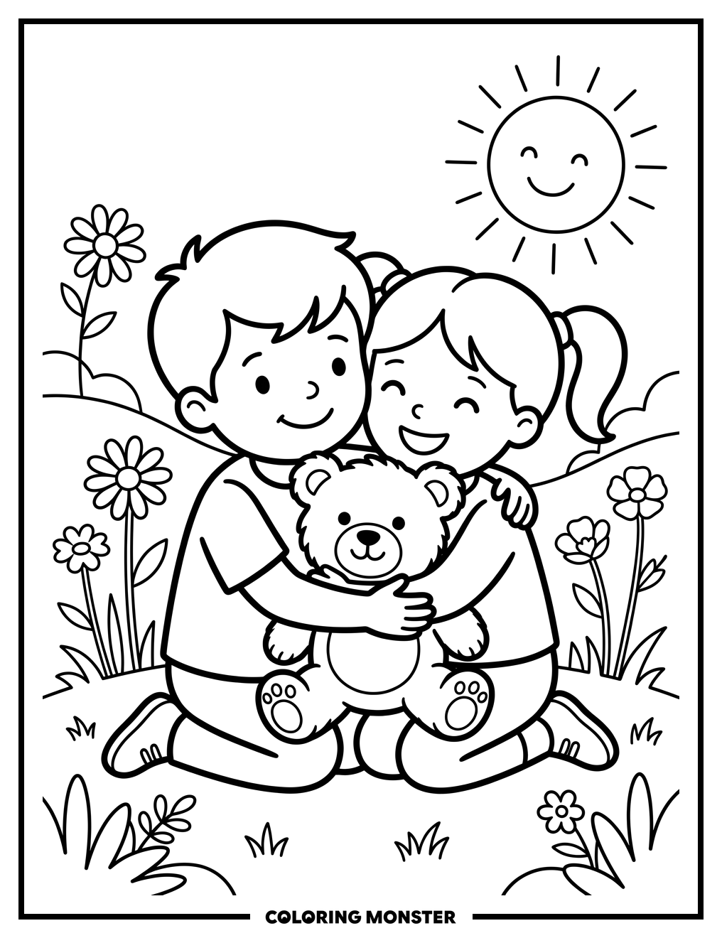 Children Hugging Teddy Bear Coloring Page