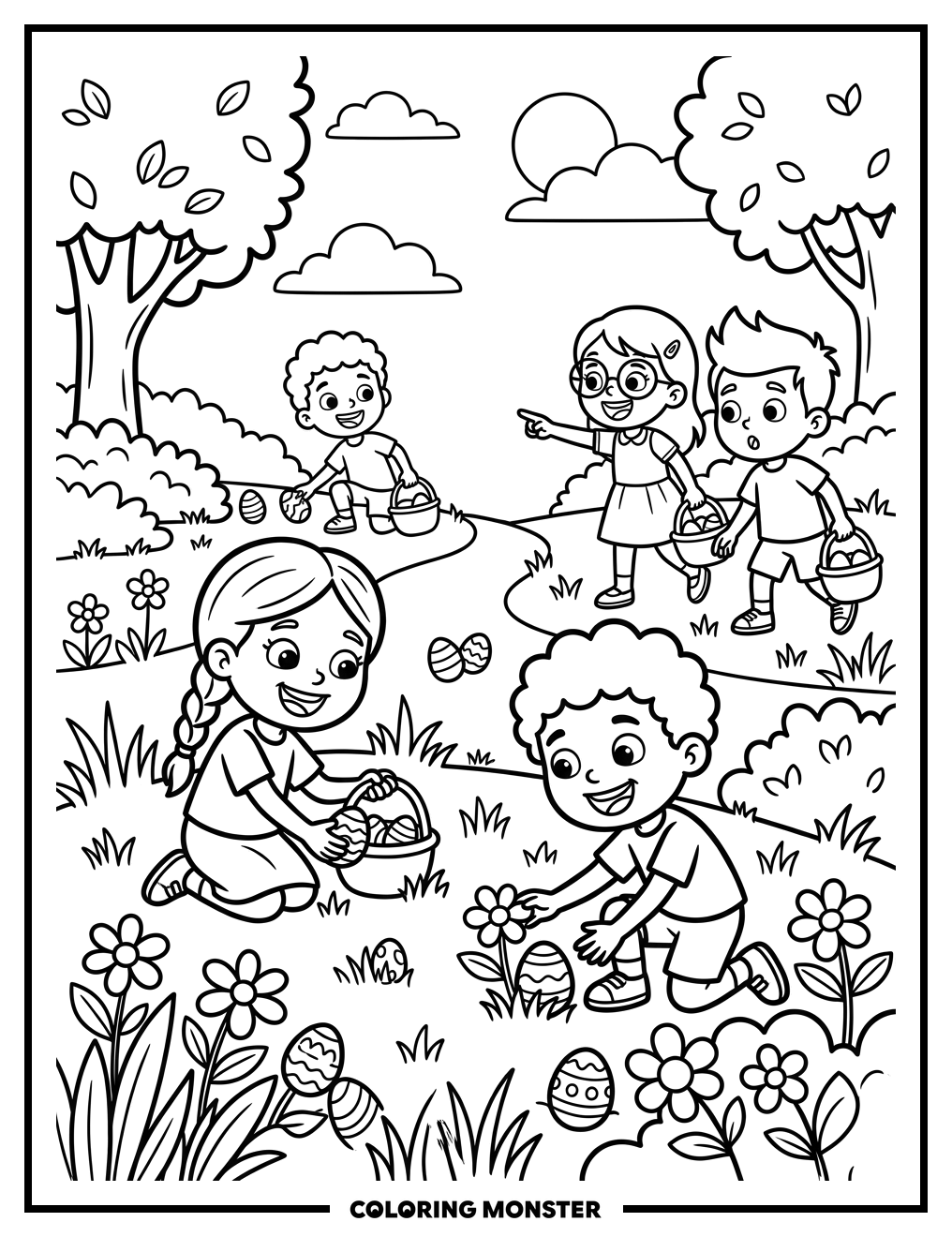 Children Hunt For Easter Eggs Coloring Page
