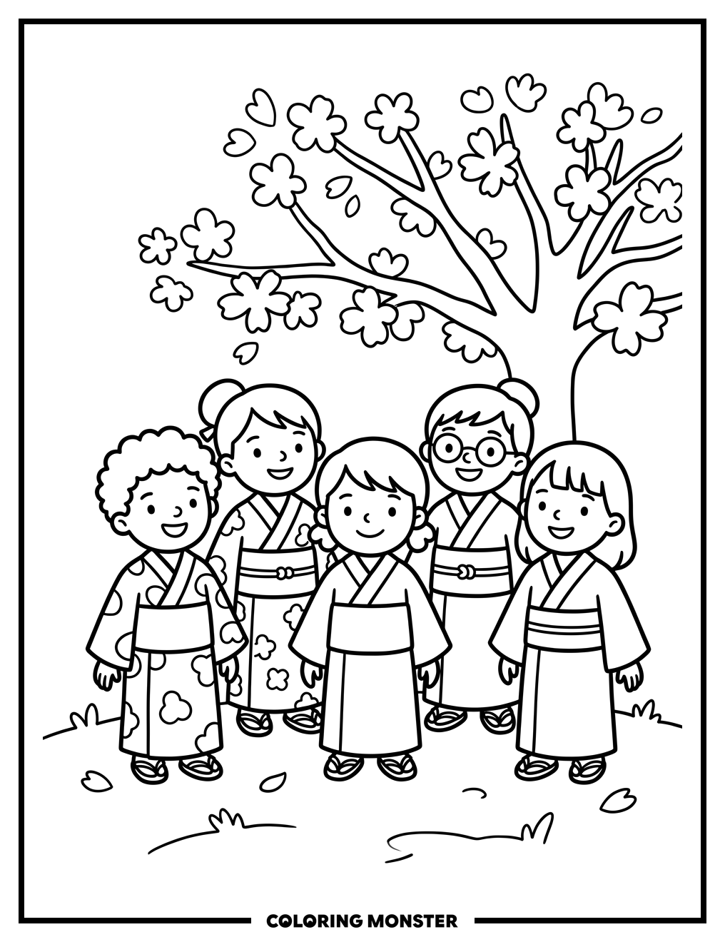 Children in Kimonos Under Cherry Blossoms Coloring Page