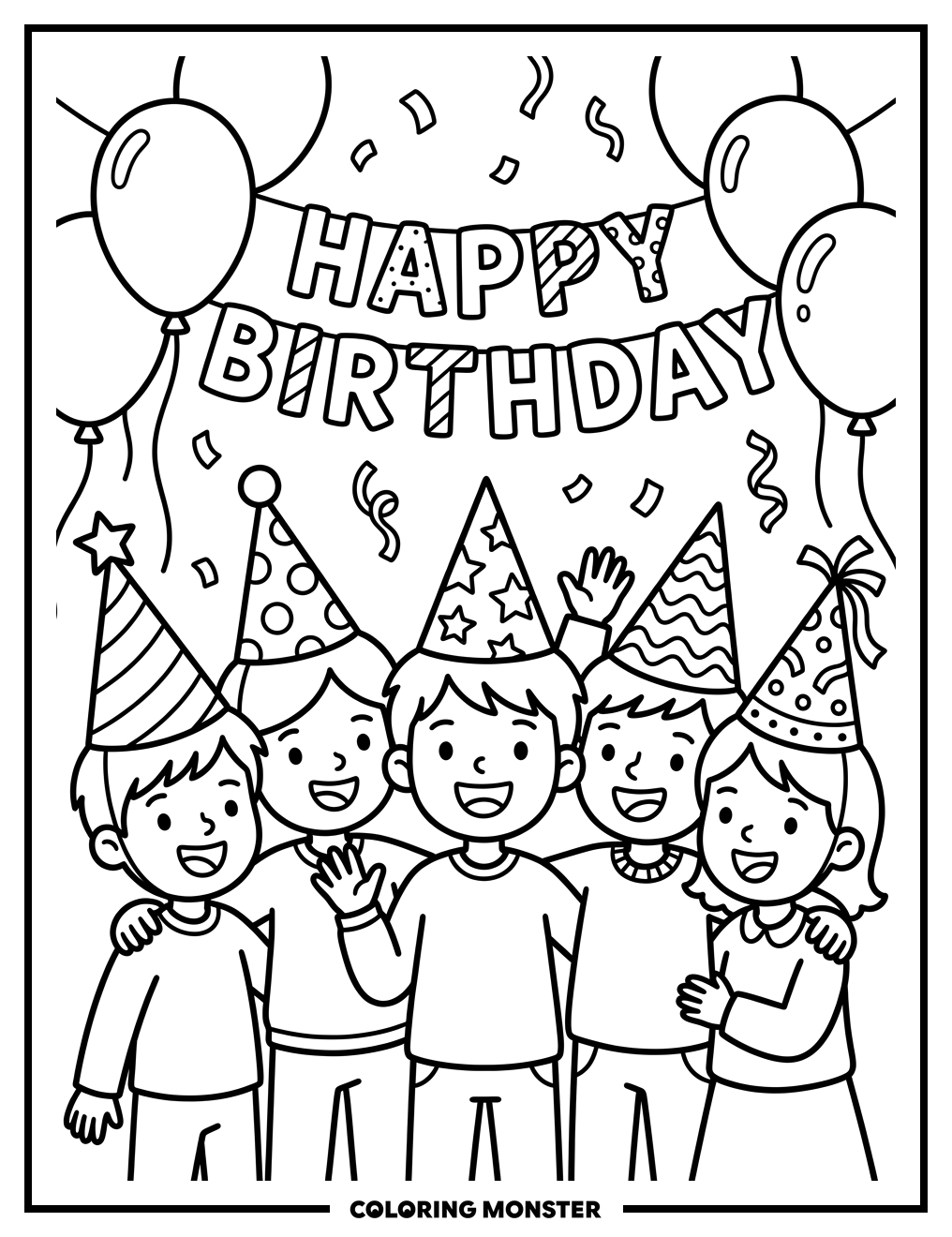 Children in Party Hats Coloring Page