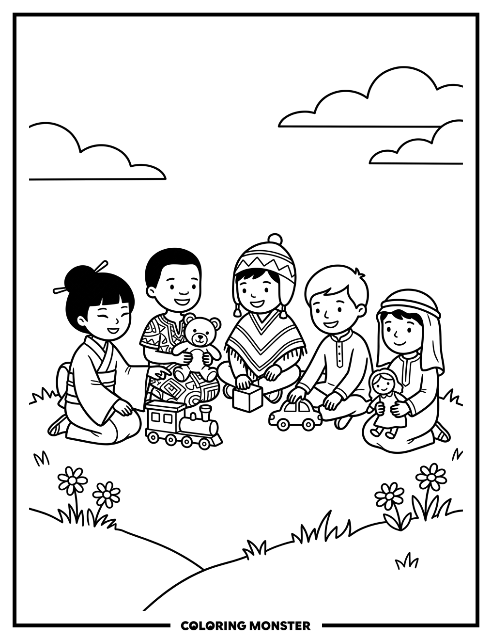 Children in Traditional Clothing Sharing Toys Coloring Page