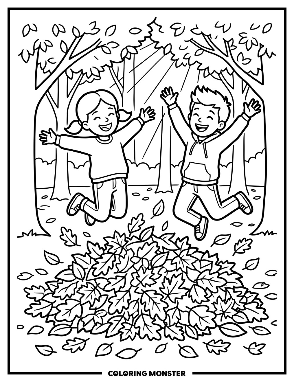 Children Jumping In Autumn Leaves Coloring Page
