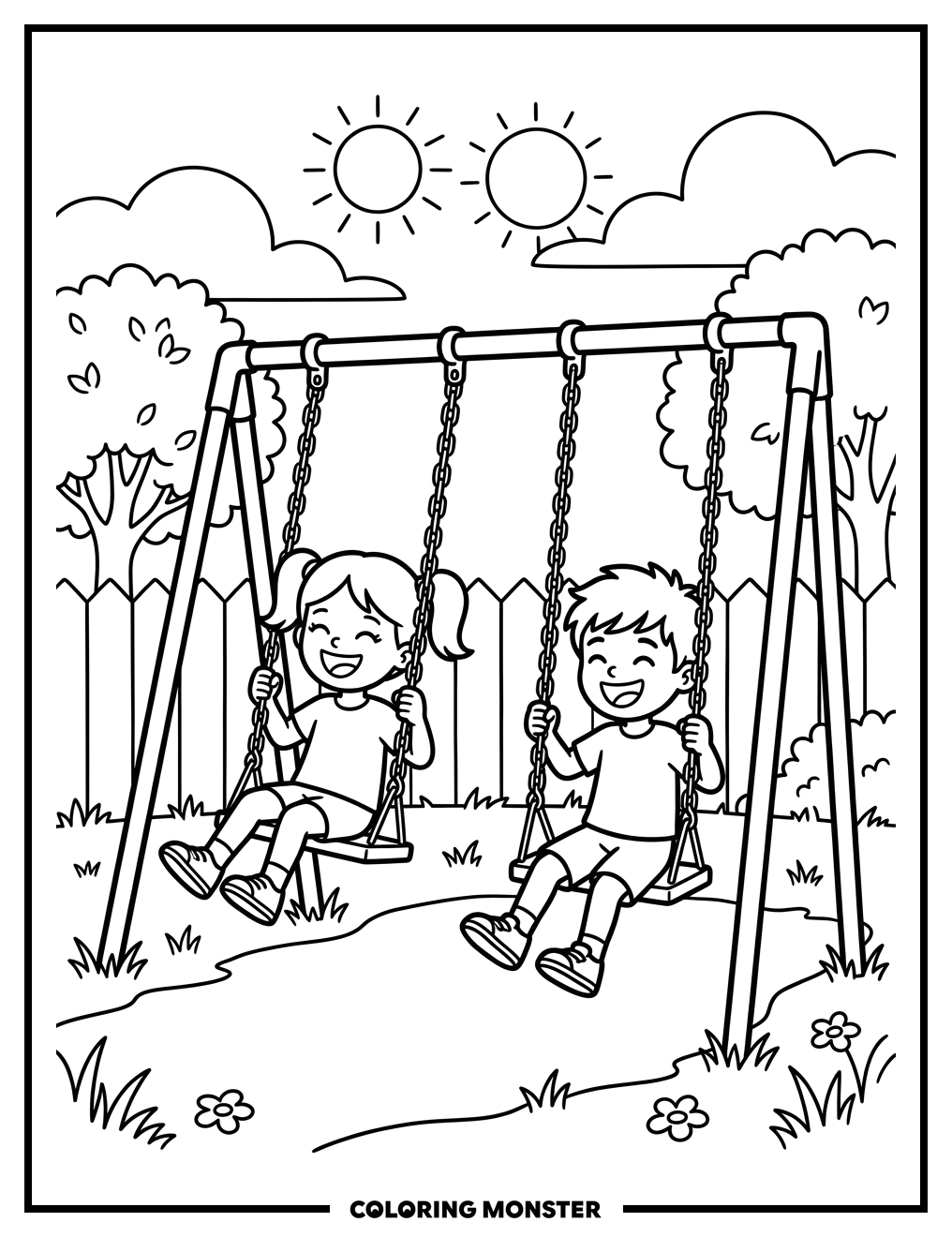 Children Laughing on Swingset Coloring Page
