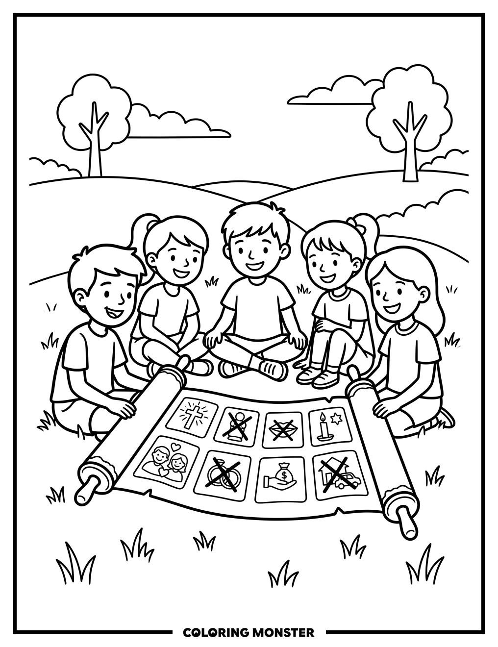 Children Learn The Ten Commandments Coloring Page