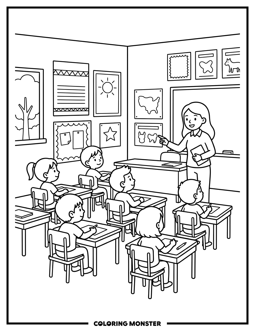 Children Learning In A Bright Classroom Coloring Page