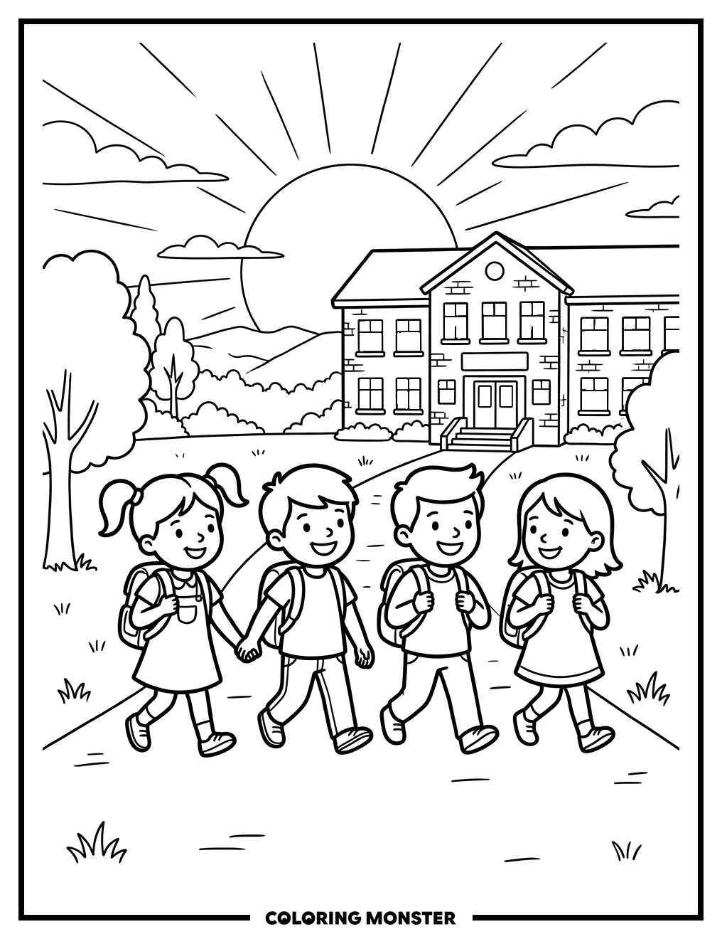 Children Leaving School At Sunset Coloring Page